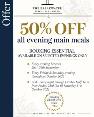 ‼️😮Last few tables remaining for this evenings offer of 50% off all main meals! 

☺️👌🏼Be quick so that you don’t miss out on this amazing deal!😁

🍽️👉🏼To book yourselves a table… 
📞Call us on 01803 856738 
OR 
💻Visit our website www.breakwaterbistro.co.uk

🥰🫶🏻The perfect opportunity to treat yourself, your friends or your family! 

*Please note this runs between the hours of 5pm-8.30pm* 

#WinterOffers #dealsdealsdeals #DealsOfTheDay #thebreakwaterbistro #treatyourself #familytime #devonfoodies #devonfoodlovers #devonfoodanddrink